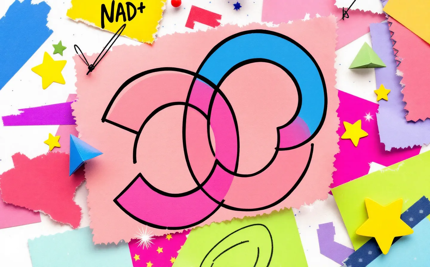 A loud chaos-maximalist corkboard collage of an abstract NAD+ dinucleotide emblem as a pinned sticker in electric-blue, hot-magenta and cyber-yellow with a star stamp and washi-tape, on a cool near-white ground